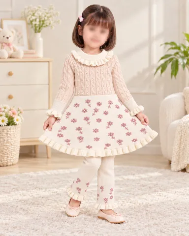 Girls’ 2-Piece Floral Knit Winter Set – Ruffle Dress & Matching Trousers — 