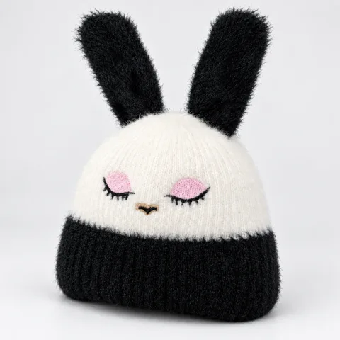 Soft Rabbit Wool Bunny Ear Beanie Black and White — 