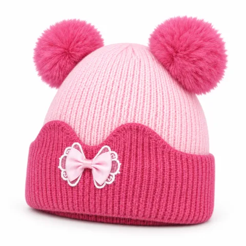 Kids’ Light Pink & Dark Pink Double Pom-Pom Bow Hat — 