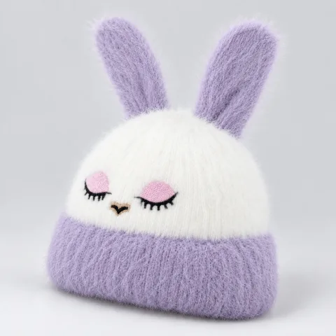 Soft Rabbit Wool Bunny Ear Beanie White and Lavender — 