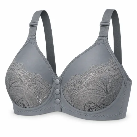 Grey Lace Bra with Front Snap Closure — 