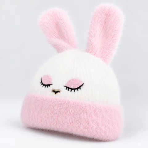 Soft Rabbit Wool Bunny Ear Beanie Baby Pink and White — 