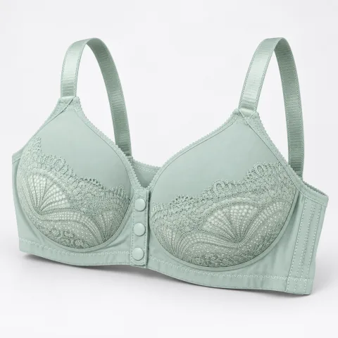 Mint Green Lace Bra with Three Button Front — 