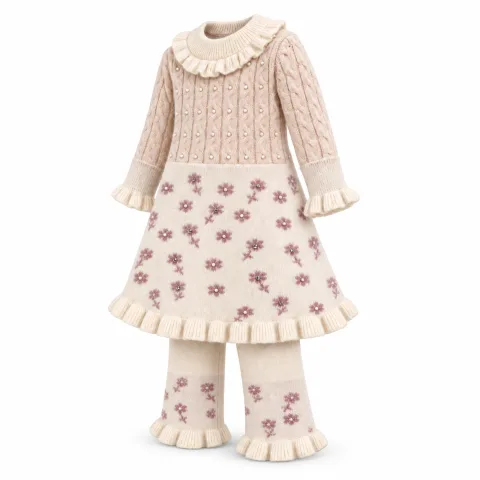 Girls’ 2-Piece Floral Knit Winter Set – Ruffle Dress & Matching Trousers — 