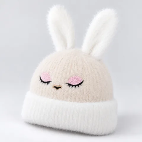 Soft Rabbit Wool Bunny Ear Beanie Cream and White — 