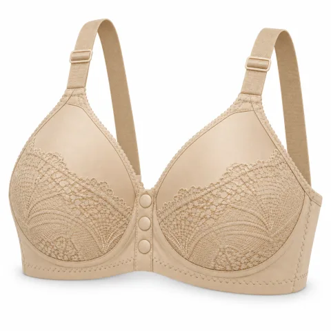 Beige Lace Bra with Front Snap Closure — 