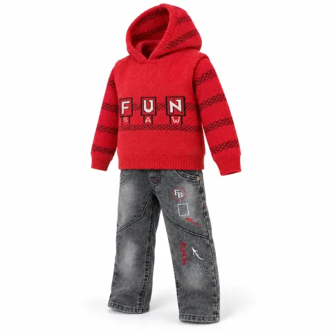 Kids’ Red FUN 3-Piece Winter Set – Hooded Vest, Sweater & Grey Jeans — 