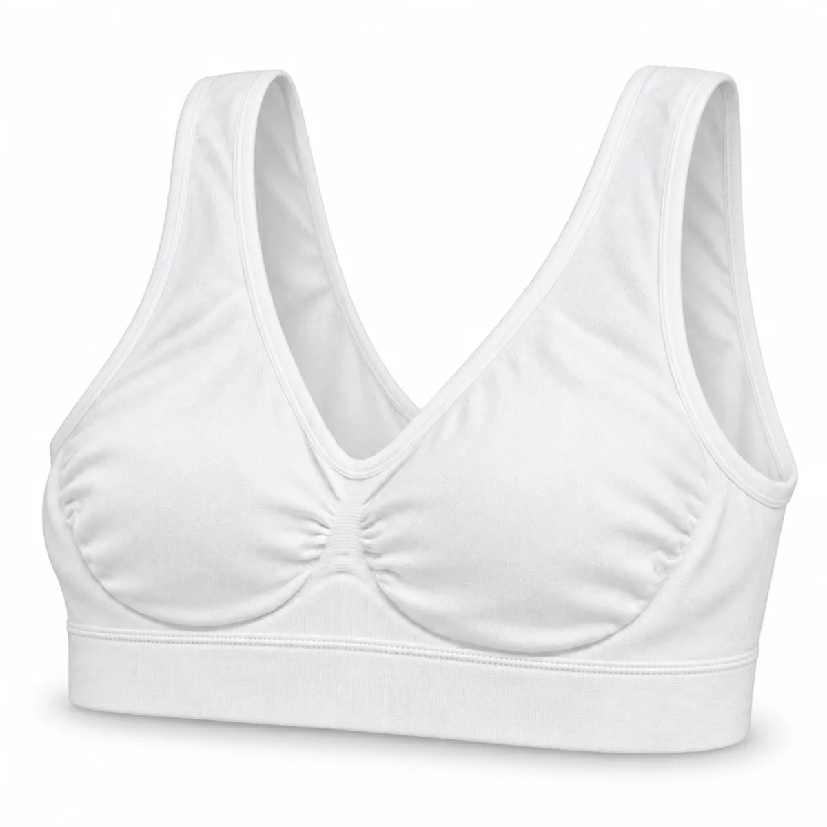 Women’s White Pullover Bra with Wide Straps and Gathered Front —