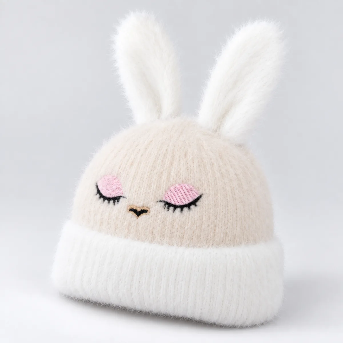 Soft Rabbit Wool Bunny Ear Beanie Cream and White —