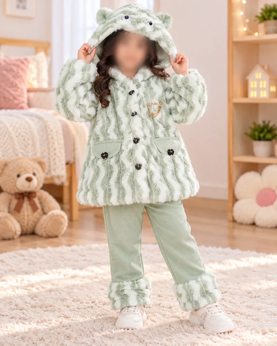 Girls’ Mint Green and White Plush Hooded 2 Piece Winter Outfit with Matching Pants —