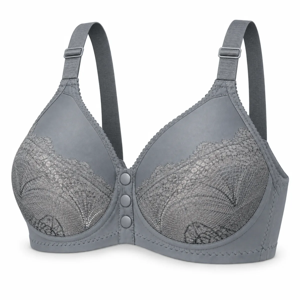 Grey Lace Bra with Front Snap Closure —
