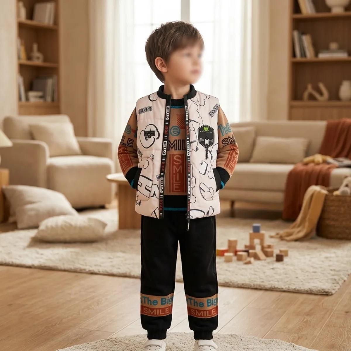 Boys’ 2 Piece Graphic Outfit Set with Tan SMILE Sweater and Patterned Zip Up Vest —