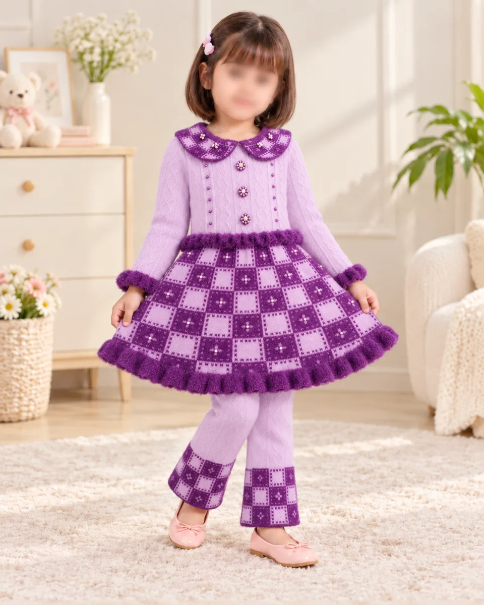 Girls’ Purple and Lilac Knitted 2 Piece Winter Outfit with Checkered Skirt and Pearl Details —