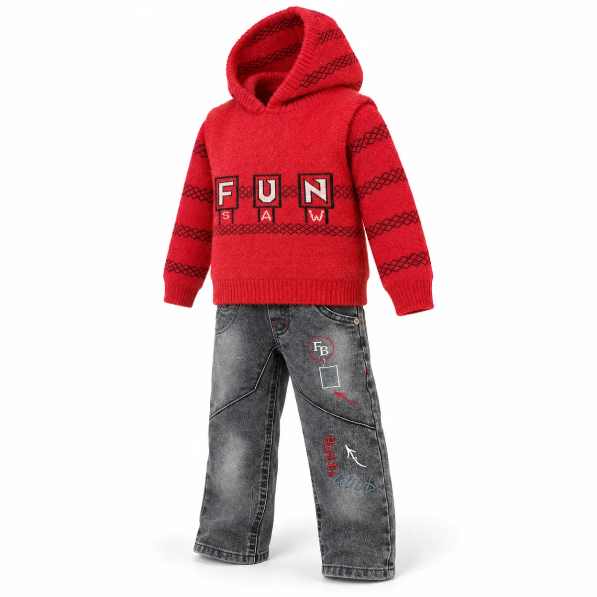 Kids’ Red FUN 3-Piece Winter Set – Hooded Vest, Sweater & Grey Jeans —