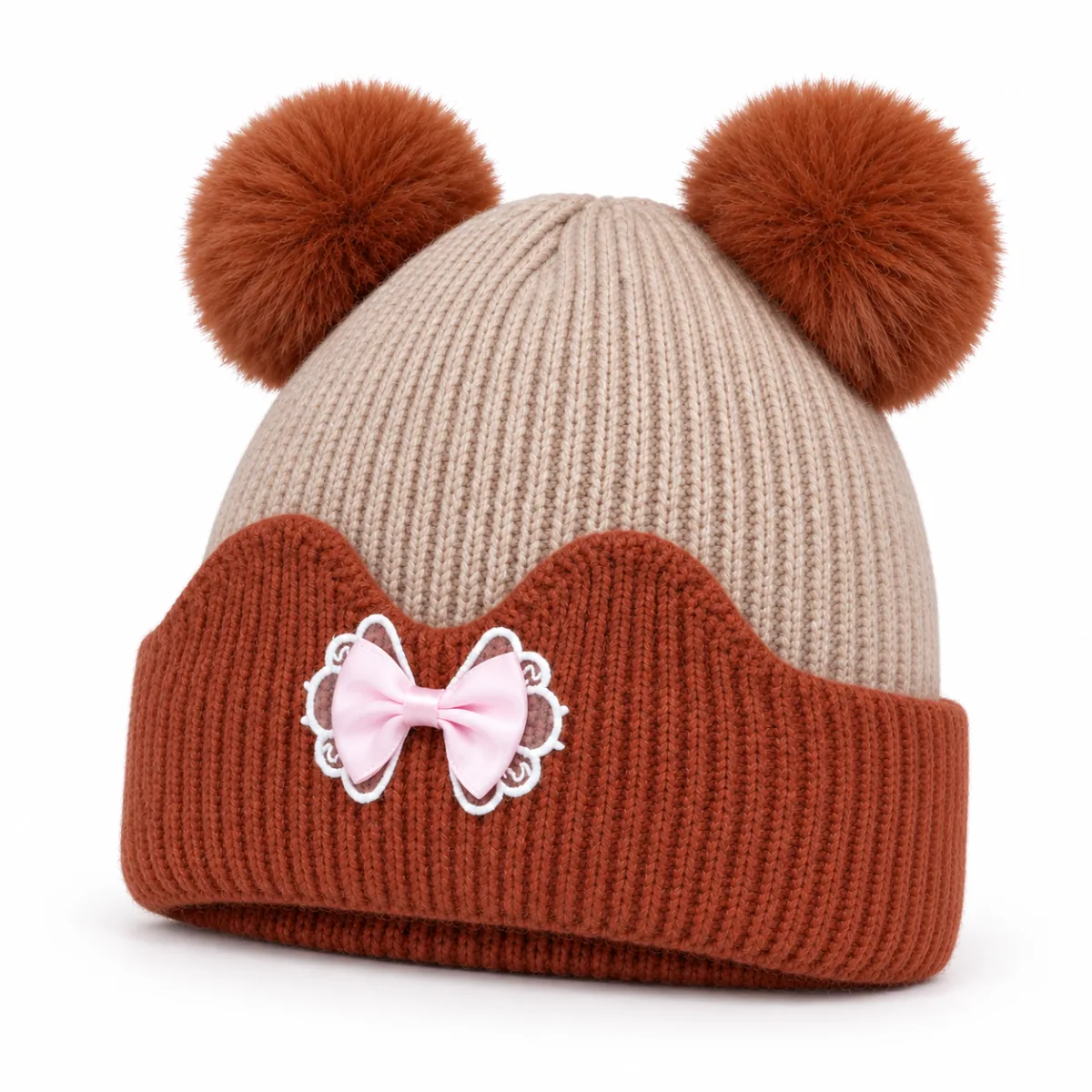 Kids’ Beige and Rust Brown Double Pom Pom Bow Hat —