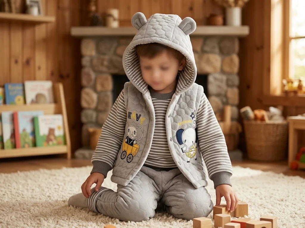 Baby & Toddler Boys’ 3 Piece Quilted Elephant Outfit Set with Striped Top, Hooded Vest and Pants —