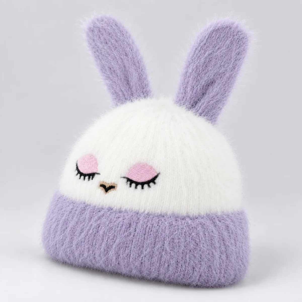 Soft Rabbit Wool Bunny Ear Beanie White and Lavender —