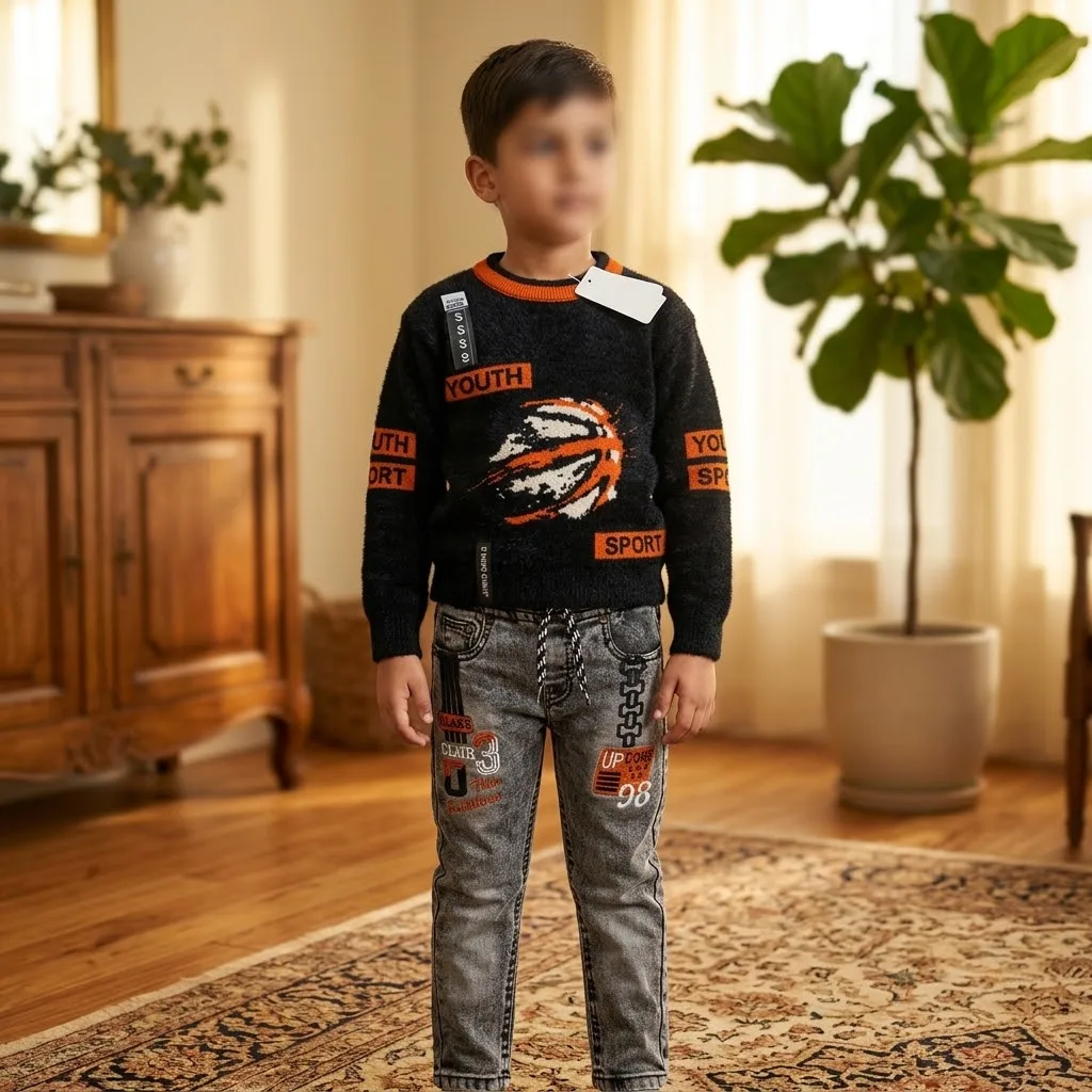 Boys’ 2 Piece Sporty Graphic Outfit Set with Basketball Sweater and Washed Denim Jeans —