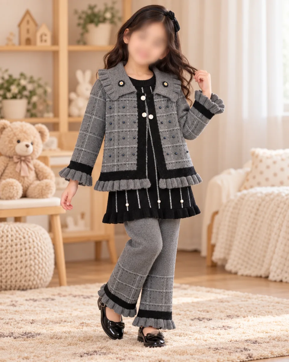Girls’ Grey and Black Knitted 3 Piece Winter Outfit with Plaid Jacket, Tunic and Pants —