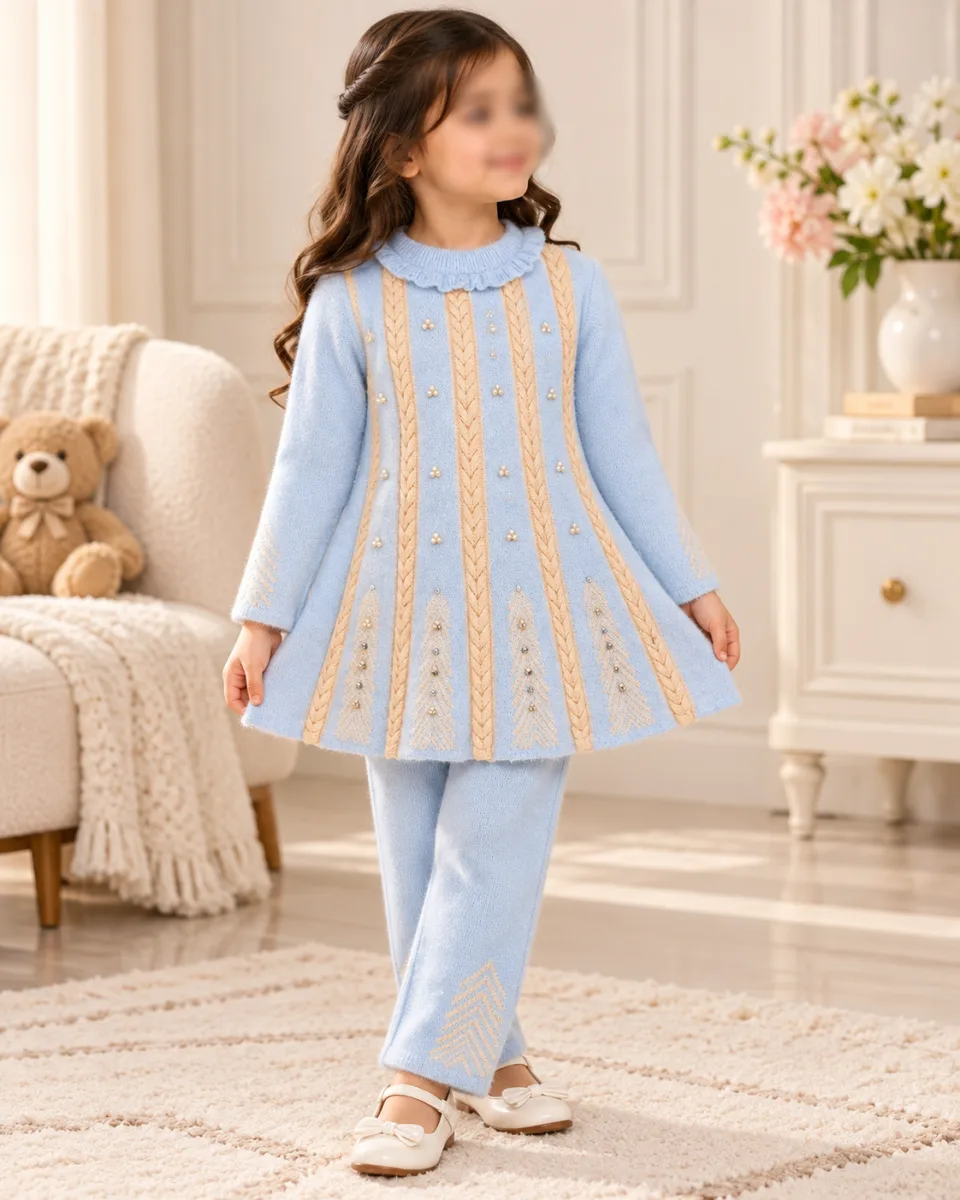 Girls’ Sky Blue and Beige Knitted 2 Piece Winter Outfit with Pearl and Cable Knit Detail —