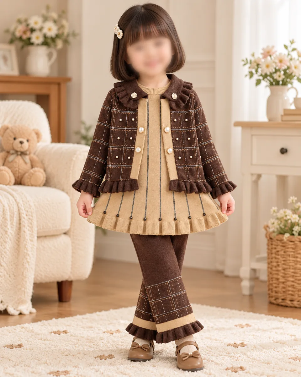 Girls’ Brown and Beige Knitted 3 Piece Winter Outfit with Plaid Jacket, Tunic and Pants —