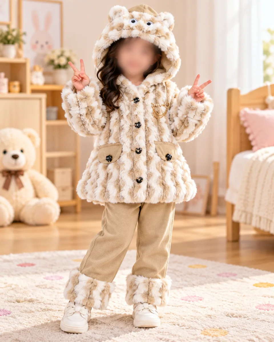 Girls’ Beige and Cream Plush Hooded 2 Piece Winter Outfit with Matching Pants —