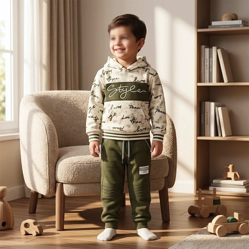Boys’ 2 Piece Graphic Hoodie and Pants Set with Fleece Lined Style Sweatshirt and Olive Green Pants —