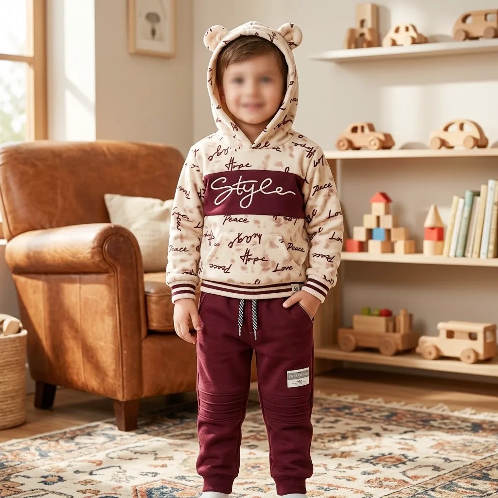 Boys’ 2 Piece Graphic Hoodie and Burgundy Pants Set with Fleece Lined Style Sweatshirt —