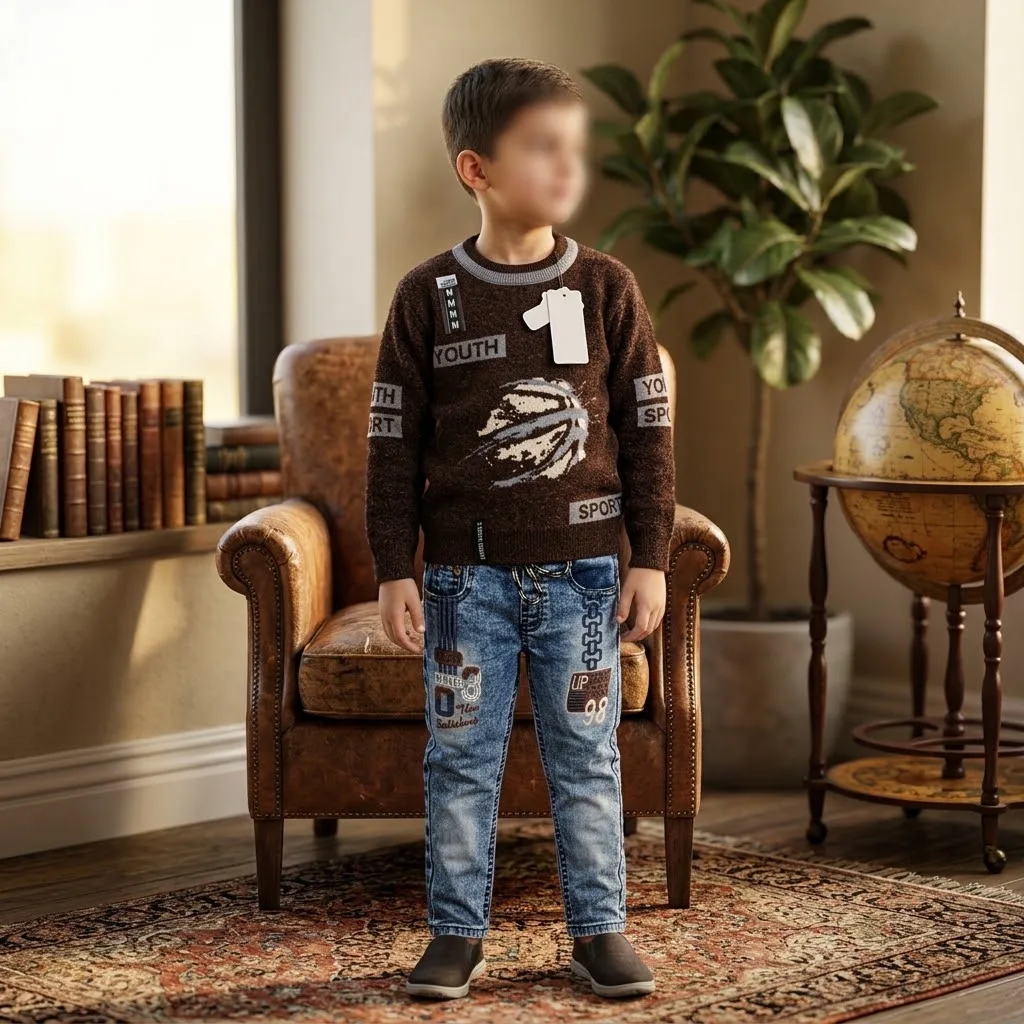 Boys’ 2 Piece Sporty Graphic Outfit Set with Basketball Sweater and Washed Denim Jeans — 