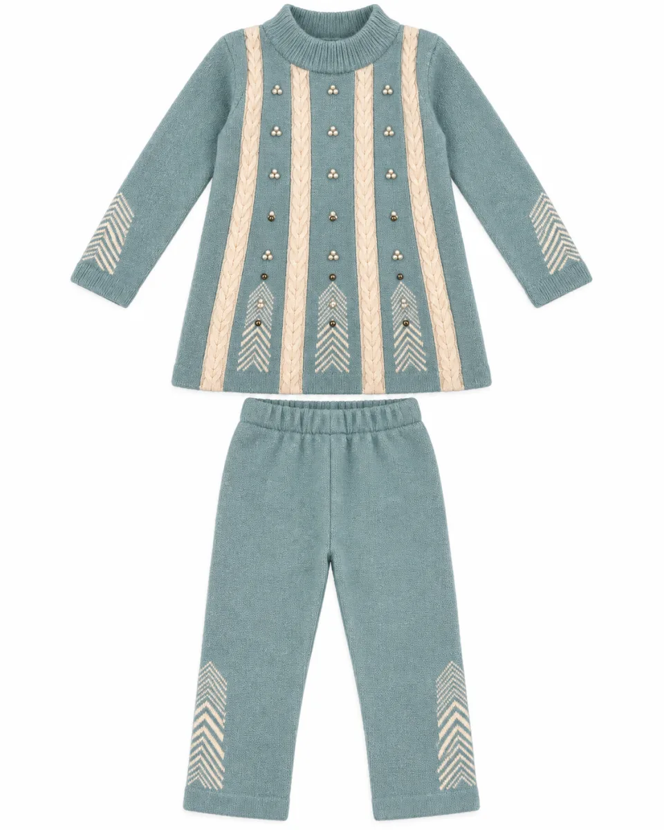 Girls’ Knitted 2 Piece Winter Outfit with Pearl and Cable Knit Detail —