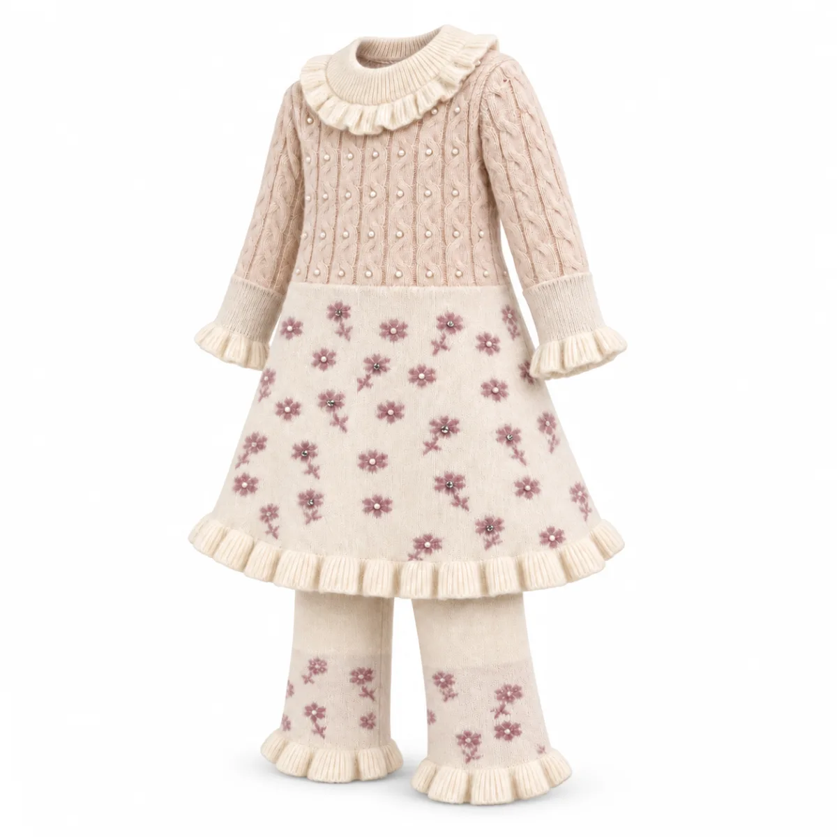 Girls’ 2-Piece Floral Knit Winter Set – Ruffle Dress & Matching Trousers —