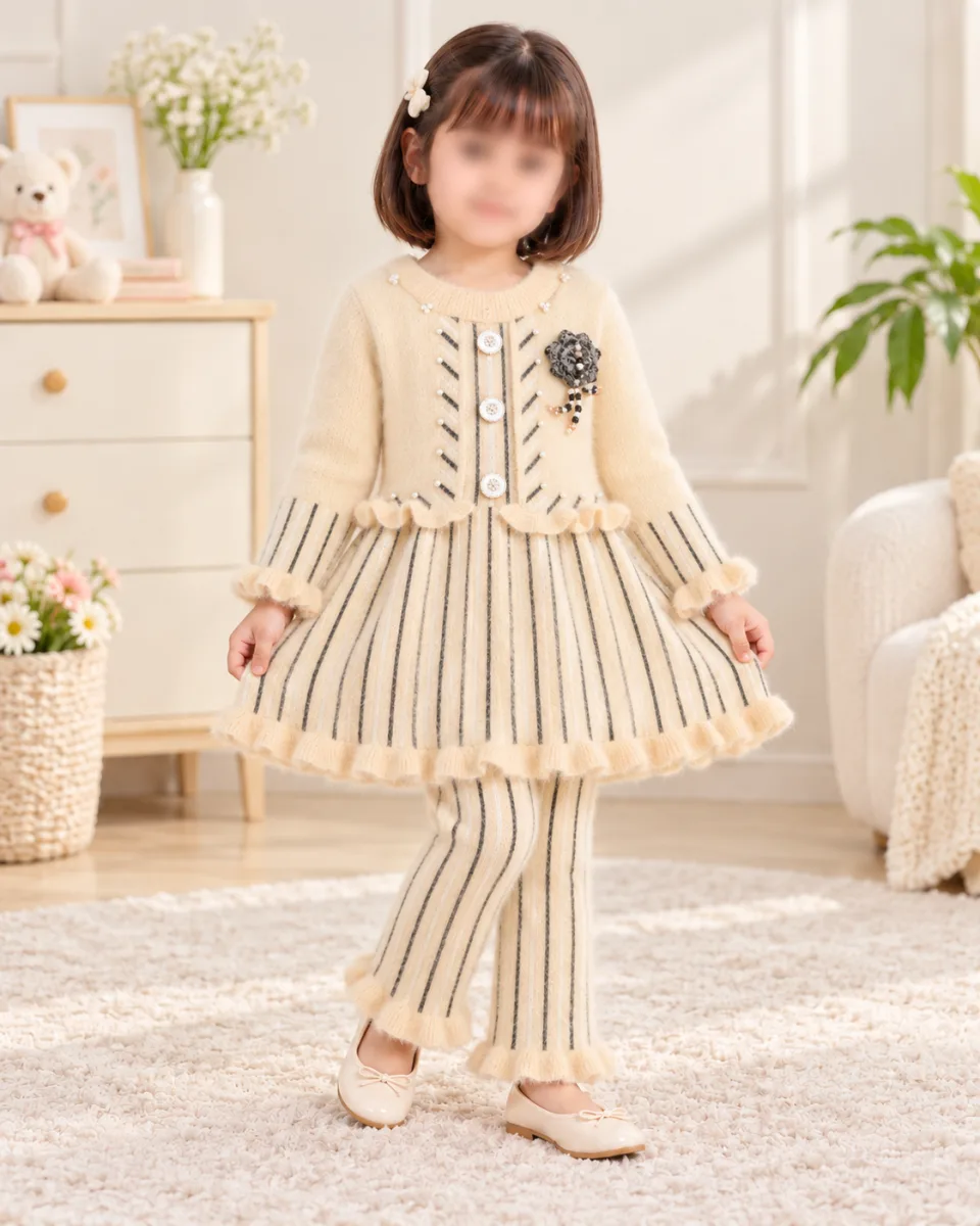 Girls’ Cream Knitted 2 Piece Winter Outfit with Black Stripes, Pearl Details and Pants —