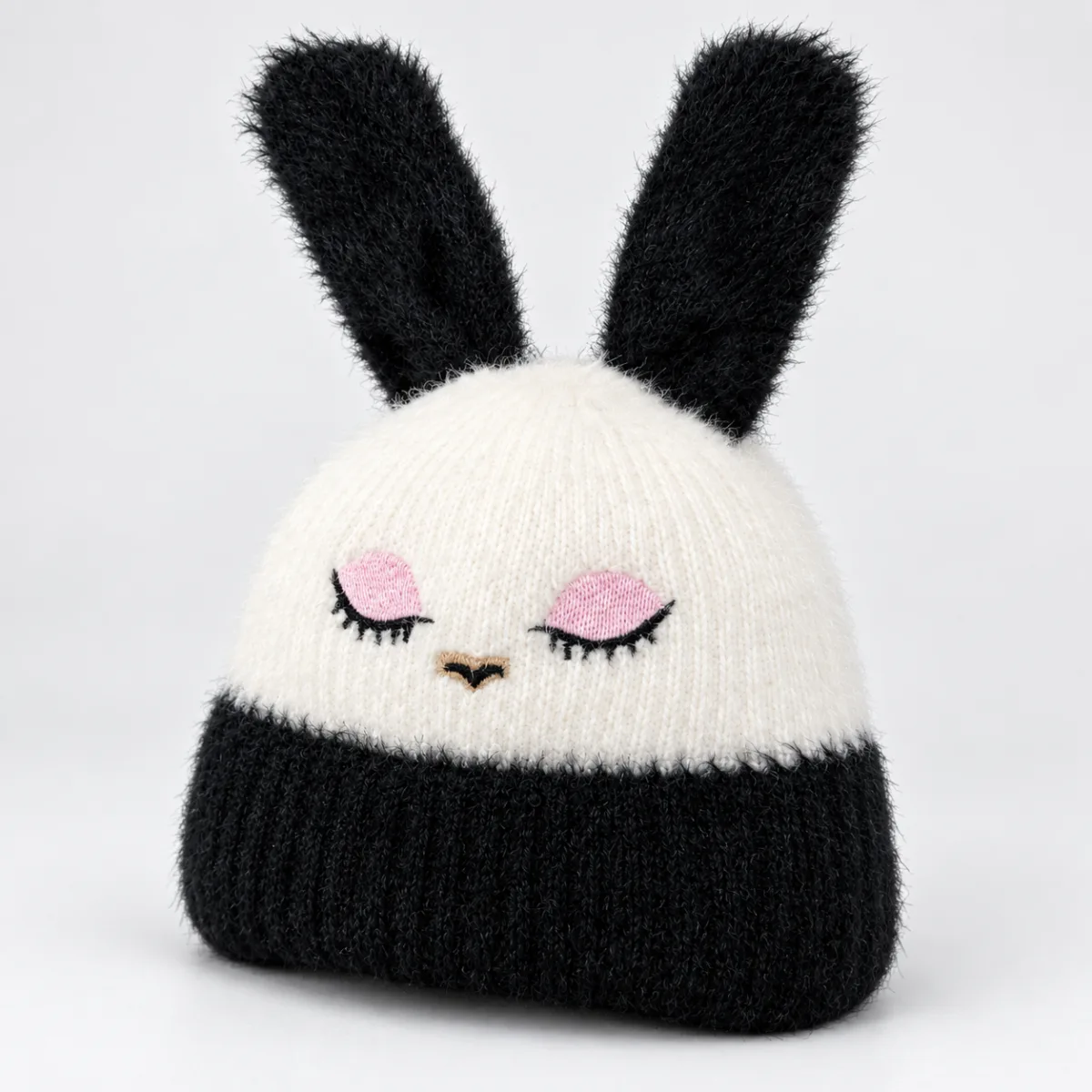 Soft Rabbit Wool Bunny Ear Beanie Black and White —