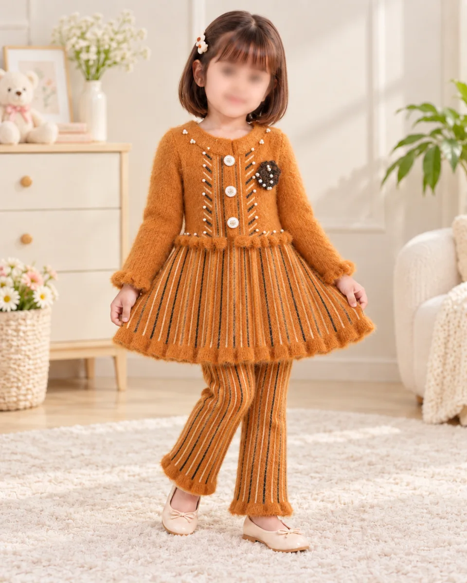 Girls’ Caramel Brown Knitted 2 Piece Winter Outfit with Striped Dress and Pants —