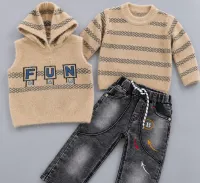 Boys’ 3 Piece Winter Outfit with Hooded Knit Vest, Sweater and Graphic Jeans photo 5