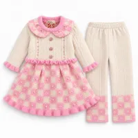 Girls’ Pink and Cream Knitted 2 Piece Winter Outfit with Pearl Details photo 2