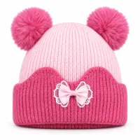 Kids’ Light Pink & Dark Pink Double Pom-Pom Bow Hat photo 2