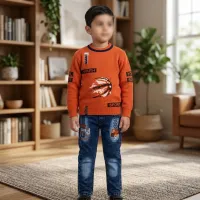 Boys’ 2 Piece Sporty Graphic Outfit Set with Basketball Sweater and Washed Denim Jeans photo 1