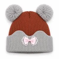 Kids’ Rust Brown and Light Grey Double Pom Pom Bow Hat photo 4