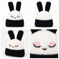 Soft Rabbit Wool Bunny Ear Beanie Black and White photo 6