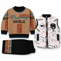 Boys’ 2 Piece Graphic Outfit Set with Tan SMILE Sweater and Patterned Zip Up Vest photo 4