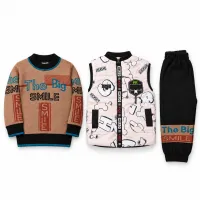 Boys’ 2 Piece Graphic Outfit Set with Tan SMILE Sweater and Patterned Zip Up Vest photo 2