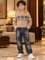 Boys’ 3 Piece Winter Outfit with Hooded Knit Vest, Sweater and Graphic Jeans photo 4