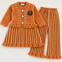 Girls’ Caramel Brown Knitted 2 Piece Winter Outfit with Striped Dress and Pants photo 5