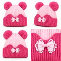 Kids’ Light Pink & Dark Pink Double Pom-Pom Bow Hat photo 5