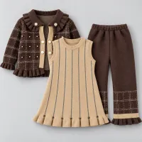 Girls’ Brown and Beige Knitted 3 Piece Winter Outfit with Plaid Jacket, Tunic and Pants photo 2