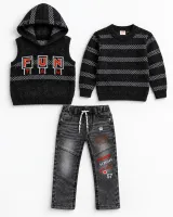 Boys’ 3 Piece Winter Outfit with Hooded Knit Vest, Sweater and Graphic Jeans photo 2
