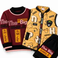 Boys’ 3 Piece Graphic Outfit Set with Burgundy SMILE Top, Yellow Zip Up Vest and Black Jogger Pants photo 5