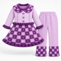 Girls’ Purple and Lilac Knitted 2 Piece Winter Outfit with Checkered Skirt and Pearl Details photo 2