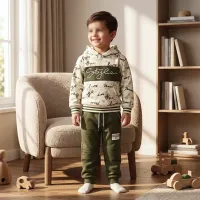 Boys’ 2 Piece Graphic Hoodie and Pants Set with Fleece Lined Style Sweatshirt and Olive Green Pants photo 1